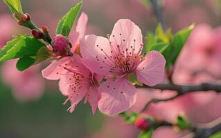 ai generiert ein beschwingt Rosa Pfirsich Blume blüht anmutig auf ein strahlend Frühling Tag foto