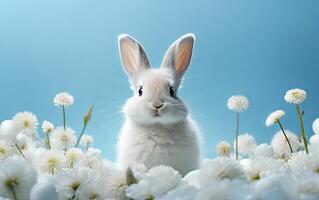 ai generiert Weiß Ostern Kaninchen, Sanft und flauschige, Stehen hoch auf ein heiter Pastell- Blau Segeltuch Nächster zu das Frühling Blumen foto