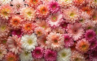 ai generiert Blumen- Hintergrund auf das Mauer mit Chrysantheme Blumen, Hochzeit Dekoration, schön Blumen- Hintergrund foto