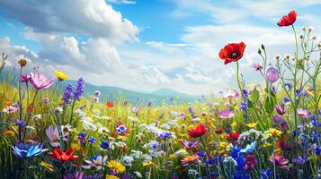 ai generiert Frühling Landschaft Panorama mit Blumen im ein Wiese foto