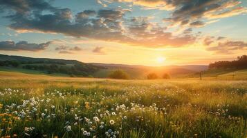 ai generiert schön Panorama von ländlich Landschaft mit Sonnenaufgang und blühen Wiese foto