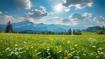 ai generiert Berg Landschaft im das Alpen mit Blühen Wiesen im Frühling foto