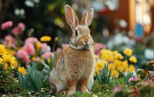 ai generiert wild Hase Sitzung unter beschwingt Blumen im ein Frühling Wiese foto
