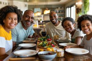 ai generiert glücklich Mehrgenerationenhaus Familie genießen Mahlzeit zusammen foto