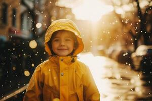 ai generiert Junge im Gelb Regenjacke haben Spaß im regnerisch Tag foto