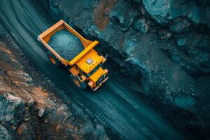 ai generiert Gelb Dump LKW im Steinbruch, Antenne Aussicht foto