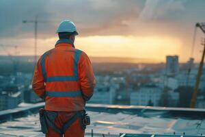 ai generiert Konstruktion Arbeiter Gehen auf Bewehrung beim Sonnenaufgang mit ai generiert. foto