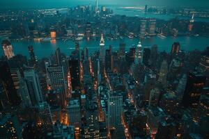 ai generiert Neu York Stadt Manhattan Innenstadt Wolkenkratzer beim Sonnenuntergang. foto