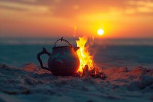 ai generiert ein Teekanne und ein Verbrennung Feuer im das Wüste beim Sonnenuntergang. foto