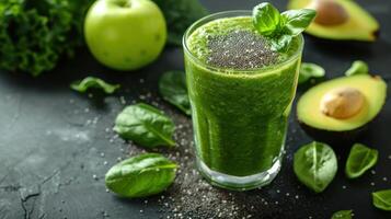 ai generiert gesund Grün Smoothie gekrönt mit Chia Samen, begleitet durch frisch Spinat Blätter und ein halbiert Avocado auf ein dunkel Oberfläche. foto