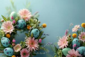ai generiert Kranz überfüllt mit Frühling Blumen und Ostern Eier im Pastell- Farben auf verträumt Hintergrund foto