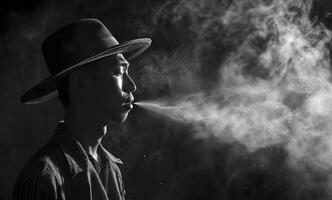 ai generiert einfarbig Bild von Mafioso Silhouette Rauchen auf schwarz Hintergrund, schließen oben foto