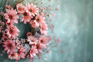 ai generiert Nahansicht von Ostern Kranz geschmückt mit zart Rosa Blumen, verkörpern das Wesen von Frühling foto