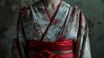 ai generiert japanisch Frau tragen ein Kimono mit ein rot Band im ihr Hand, ai generativ foto