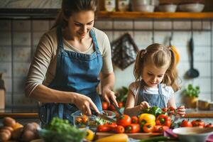 ai generiert Mutter und Kind vorbereiten gesund Mahlzeit zusammen foto