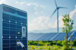 ai generiert mit von aufladen Bahnhof, Solar- Panel und Windmühle Hintergrund. Nachhaltigkeit Bewertung, verlängerbar Energie Konzept. foto