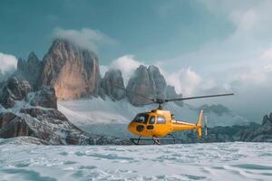 ai generiert Gelb Notfall Hubschrauber im Berge Dolomiten foto