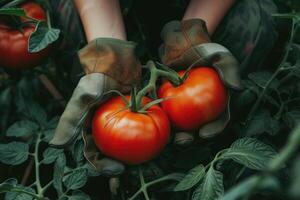 ai generiert Nahansicht Bild von Frau s Hände im Gartenarbeit Handschuhe Pflanzen Tomate foto