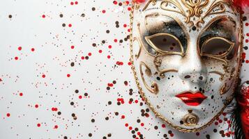 ai generiert Karneval Party Hintergrund. venezianisch Maske auf Weiß Hintergrund mit Konfetti. Kopieren Raum foto