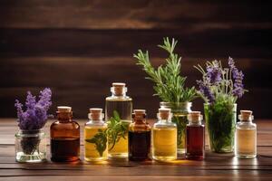 ai generiert ein Sortiment von wesentlich Öl Flaschen mit frisch Pflanzen eine solche wie Lavendel, Pfefferminze und Rosmarin foto