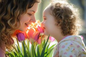 ai generiert glücklich Mutter Tag Kind Tochter gratuliert Mutter und gibt ein Strauß von Blumen zu Tulpen foto