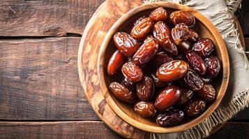 ai generiert Süss Termine aus von hölzern Teller auf rustikal hölzern Tisch, eid Mubarak Hintergrund foto