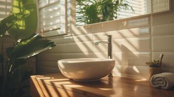 ai generiert modern Holz Nichtigkeit Zähler oben und Mauer Fliesen mit Keramik waschen Becken und minimal Stil Wasserhahn im Badezimmer im warm Morgen Sonnenlicht foto