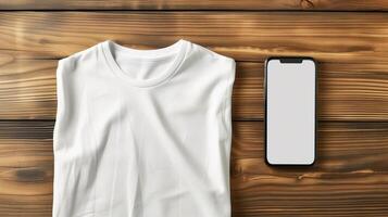 ai generiert oben Aussicht von leer Weiß T-Shirt unisex Attrappe, Lehrmodell, Simulation mit leeren Bildschirm Smartphone zum Design Vorlage auf Holz Hintergrund foto