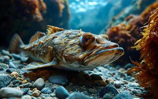 ai generiert das Meer Unterseite ist ein enorm Größe komisch Fisch Das Überraschungen jedermann foto