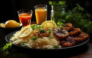 ai generiert Aussicht von Biryani Reis und Garnele Fisch gebraten und verschiedene Gemüse Kochen auf ein Teller foto