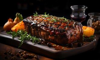 ai generiert Aussicht von ein kurz Speisekarte ein Werbung zeigen verschiedene Steak Essen und lecker Fleisch foto