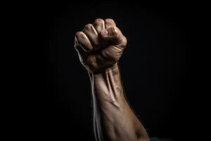 ai generiert ein angehoben Hand von ein des Mannes geballt Fäuste isoliert auf ein dunkel Hintergrund. Konzept von Protest, halt Rassismus, Freiheit, Revolution, Sieg. foto