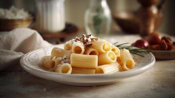 ai generiert Rigatoni Pasta, traditionell Italienisch Pasta. Nahansicht Hintergrund. foto