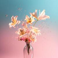 ai generiert kreativ Fotografie von Blumen im ein transparent Flasche. schön Blume Strauß isoliert auf Blau Rosa Gradient Hintergrund. foto