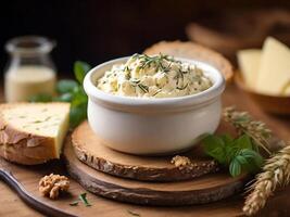 ai generiert Käse Spreads und Brot foto