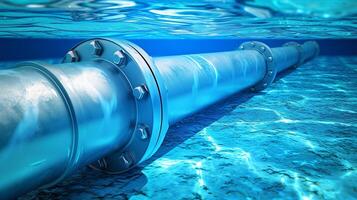 ai generiert unter Wasser Öl und Gas Pipeline Ausrüstung auf Meer Unterseite im Blau Ozean Umgebung foto
