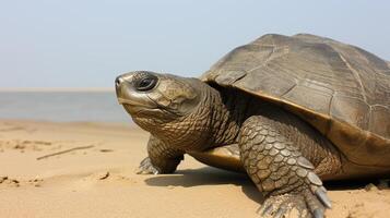ai generiert majestätisch Meer Schildkröte ruhen auf sandig Strand gegen schön Blau Ozean Hintergrund foto