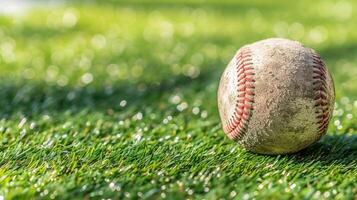 ai generiert beschwingt Baseball auf Grün Feld im lebendig Tageslicht, Erfassen das Sport s Energie und Aufregung. foto