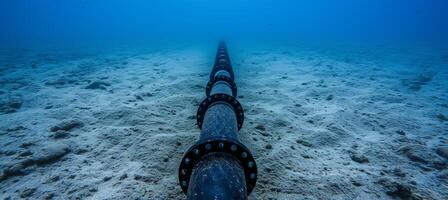 ai generiert unter Wasser Öl und Gas Pipeline im Blau Ozean, Unterwasser Industrie Ausrüstung auf Meer Unterseite foto