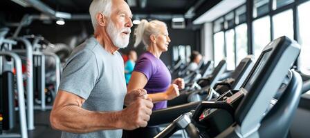 ai generiert aktiv Senior Paar einnehmend im ein gesund und energisch Lauf zusammen beim ihr lokal Fitness Verein foto