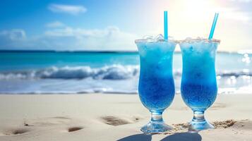 ai generiert Paar genießen Blau hawaiisch Cocktail auf sonnig Strand mit Raum zum Text Platzierung foto