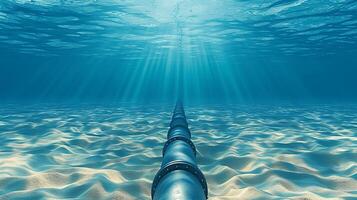 ai generiert Unterwasser Öl und Gas Pipeline unter Wasser Metall Leitung zum Transport im Blau Ozean foto