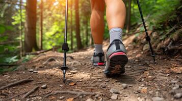 ai generiert aktiv Lebensstil Konzept Wanderer s Beine im Wandern Schuhe Gehen mit Stöcke durch Wald foto