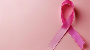 ai generiert Brust Krebs Bewusstsein Monat Symbol mit Rosa Band auf Rosa Hintergrund und Kopieren Raum foto