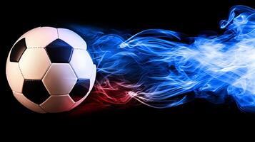 ai generiert energisch Fußball Ball mit lebendig, mehrfarbig Rauch dispergieren gegen schwarz Hintergrund foto