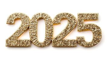 ai generiert golden metallisch 2025 Symbol zum Neu Jahr Feier, minimalistisch Stil, Weiß Hintergrund foto