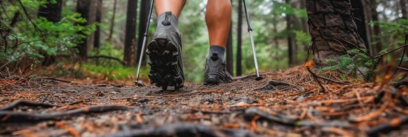 ai generiert Wanderer s Beine mit Wandern Stöcke Gehen im das Wald, gesund draussen Aktivität mit Kopieren Raum foto
