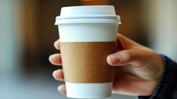 ai generiert schließen oben von reifen Geschäftsfrau halten ein leeren Kaffee zu gehen Papier Tasse im ihr Hand foto