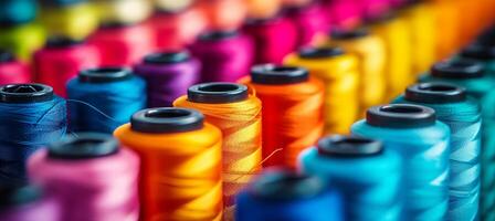 ai generiert bunt Baumwolle Fäden auf Schneider Textil- Stoff Hintergrund mit verschiedene Farben und Muster foto
