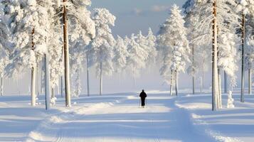 ai generiert Kreuz Land Skifahrer erkunden heiter Wald Weg von hinter auf Winter Abenteuer foto